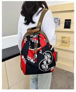 Stylish casual colorblock nylon backpack for women multi-compartment travel daypack red black design