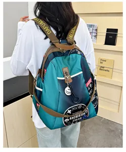 Gradient Oxford cloth backpack detail, stylish casual women daypack with straps and pockets.
