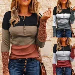 Women's Fashion Color Block T-Shirt Lace Patchwork Henley Neck Button Long Sleeve Knit Top Urban Casual Slim Fit Polyester Blouse