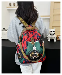 Stylish casual oxford cloth women backpack with colorful geometric pattern and tiger graphic design