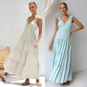 Women's V Neck Sleeveless Cotton Blend Tiered Maxi Dress Solid Color Lace Trim Smocked Bodice Summer Beach Vacation Sundress