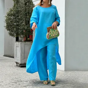 Women Casual Polyester Two Piece Set Loose Patchwork Irregular Hem Top And Pants Set Comfortable Solid Color Loungewear Outfit