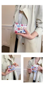 Women short PU leather wallet colorful print card holder folding coin purse compact case.