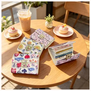 Cute printed PU leather card holder, multi-card slot folding wallet, stylish accessory.