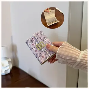 Purple floral PU leather card holder wallet with multiple card slots and compact folding design.