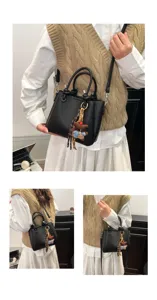 Women fashion black leather bucket bag with cute bear charm, casual commuter shoulder cross body bag.