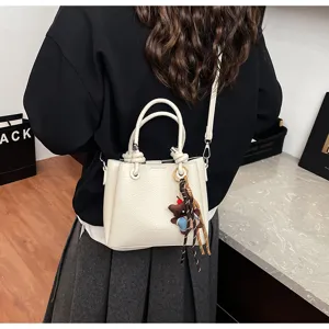 Women's White Soft Leather Bucket Bag Crossbody Bag with Cute Bear Pendant Versatile