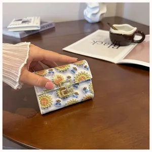 Cute floral PU leather wallet short multi-card folding coin purse ins style chic card holder