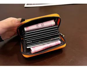 Γυναικείο πορτοφόλι καρτών PU με φερμουάρ, πορτοκαλί μικρή θήκη με πολλαπλές θέσεις λεπτομέρεια.