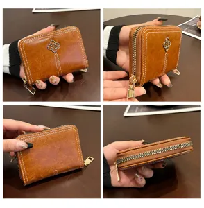 Mini portafoglio corto da donna doppia cerniera pelle morbida porta carte marrone chic