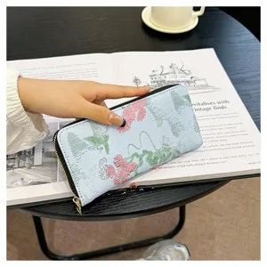 Portefeuille long femme broderie florale pochette zippée grande capacité quotidien