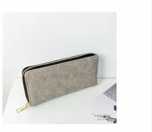 Monedero largo retro para mujer con cremallera, gran capacidad y múltiples ranuras.