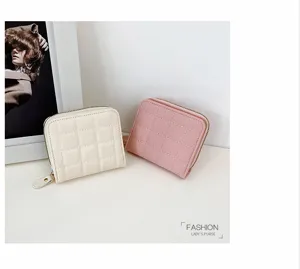 Portefeuille court pour femme en cuir PU matelassé avec fermeture éclair rosa beige