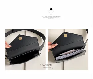 Schwarze Gürteltasche mit Krokodilmuster, Umschlagklappe, Kartenfächern und Druckknopf für Damen.
