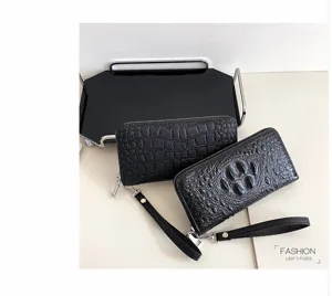 Hommes femmes long portefeuille motif crocodile grande capacité pochette zippée avec lanière