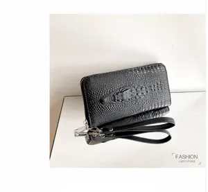 Portefeuille Long Noir Motif Crocodile pour Homme avec Dragonnette et Fermeture