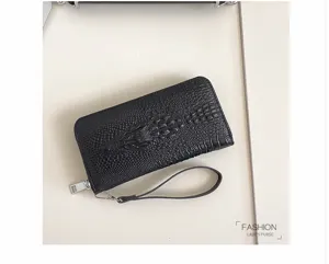 Portefeuille long noir motif crocodile pochette avec dragonne et fermeture éclair pratique.