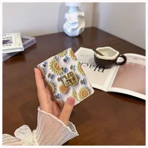 Cute sunflower bee print PU leather card holder wallet for women multi-card folding coin purse