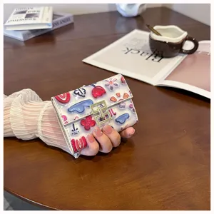 Cute printed PU leather short wallet for women, multi-card folding coin purse, ins style.