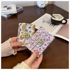 Cute floral PU leather card holder short multi-slot folding coin purse for women.