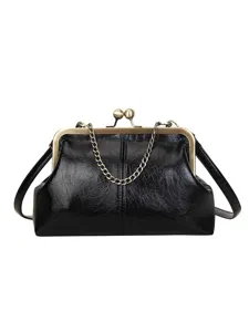 Vintage black PU leather kiss lock clutch bag metal chain shoulder crossbody bag main view
