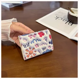 Cute floral printed PU leather cardholder short wallet for women multi card folding coin purse