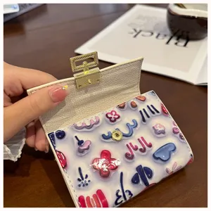 Cute floral PU leather card holder short wallet for women sweet style cute card organizer