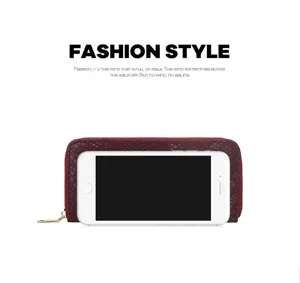 Women's long snake-pattern zipper wallet, large capacity evening clutch purse in red.