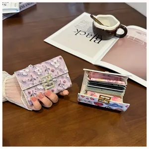 Cute floral PU leather card holder wallet, multi-slot folding design with metal lock.