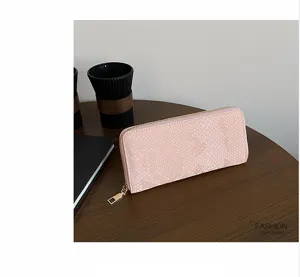 Fashion pink snake pattern long wallet with zipper, multiple card slots for women