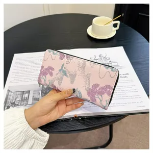 Portefeuille long floral rose zippé pour femme, pochette porte-cartes grande capacité.