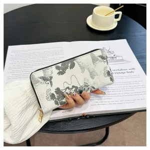 Portefeuille long femme tendance fermeture éclair fentes cartes pochette imprimée