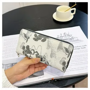 Portefeuille zippé long pour femme élégant avec motif grue et pin, grande capacité.