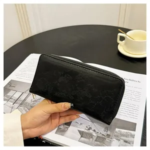 Donna portafoglio lungo nero con zip di grande capacità pochette borsa da mano.