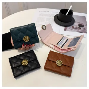 Femme court portefeuille matelassé en cuir porte-cartes monnaie minimaliste avec bouton de fleur chic