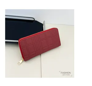 Red long zipped wallet with stylish embossed grid pattern, multiple card slots, gold hardware.