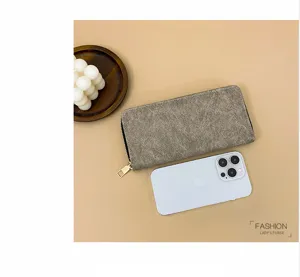 Monedero largo vintage para mujer con cremallera, ranuras para tarjetas y gran capacidad en gris.