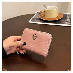Donna corto mini portafoglio doppia cerniera pelle morbida borsellino porta carte rosa