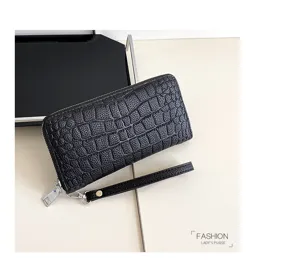 Portefeuille Long Homme Motif Crocodile en Cuir PU Pochette Poignet Porte-Cartes