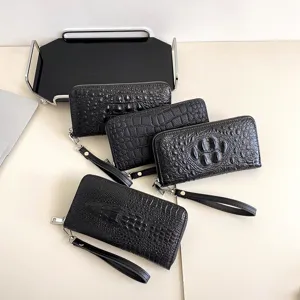 Pochette Longue pour Homme Motif Crocodile en Cuir PU Multi-Fentes pour Cartes Grande Capacité Portefeuille avec Dragonne