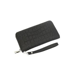 Portefeuille Long Noir en Cuir PU Motif Crocodile pour Homme avec Fermeture Éclair et Poignet