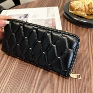 Stilvolle schwarze gesteppte lange Geldbörse mit geometrischem Muster für Damen und Herren.