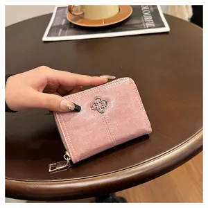 Mini portafoglio corto rosa da donna in vera pelle morbida con cerniera porta carte