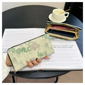 Portefeuille long femme vintage jacquard fermeture éclair grande capacité porte-cartes chic