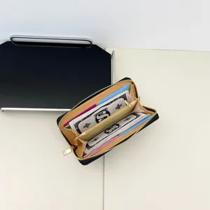Black long zipper wallet main view showing multi-card slots and large capacity interior.