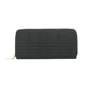Black long zipper wallet with classic quilted design, large capacity and multiple card slots.