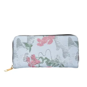 Femme long portefeuille fermeture éclair bleu clair tissu jacquard floral grand sac