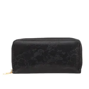 Portafoglio lungo nero da donna con chiusura lampo e motivo, grande pochette elegante.