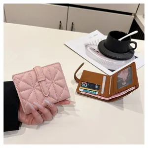 Portafoglio corto da donna in pelle PU con motivo a rombi, porta carte pieghevole chic.