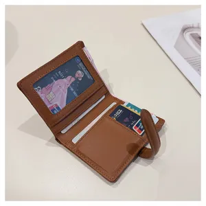 Donna corto portafoglio in pelle PU tinta unita minimalista portamonete porta carte marrone